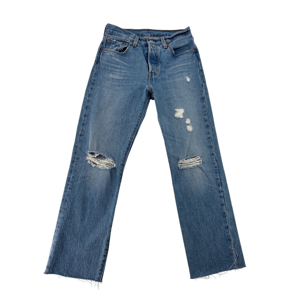 Levis 501 Original Fit Jeans Womens 25 Blue Distressed Ripped Raw Hem 12501-0358